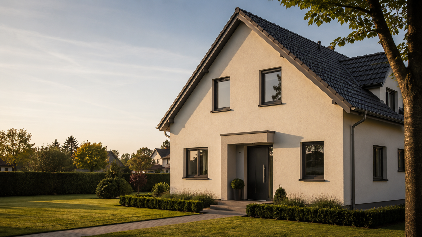 Freistehendes Einfamilienhaus mit gepflegtem Garten im Abendlicht